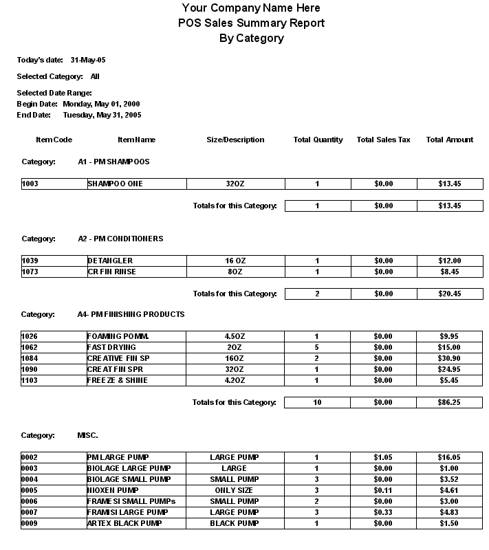 POS Sales Summary By Category Report For Retail Advantage Pos Software 