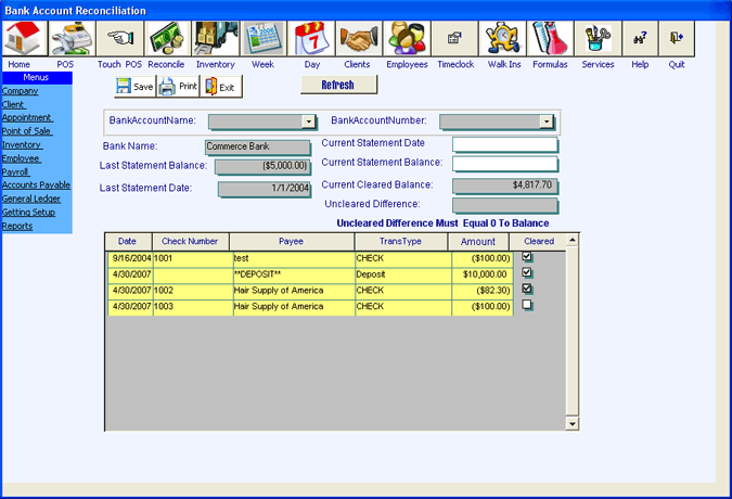 check reconciliation salon and spa software