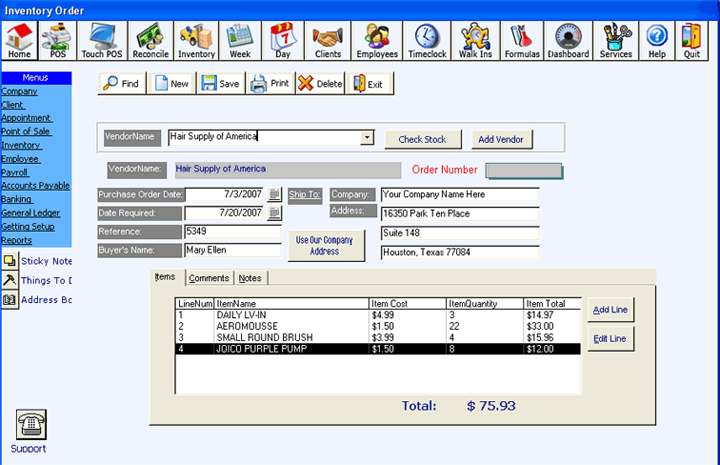 purchase order salon and spa software