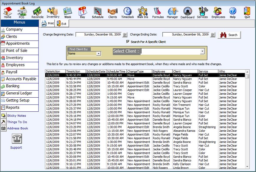 appointment book log salon and spa software