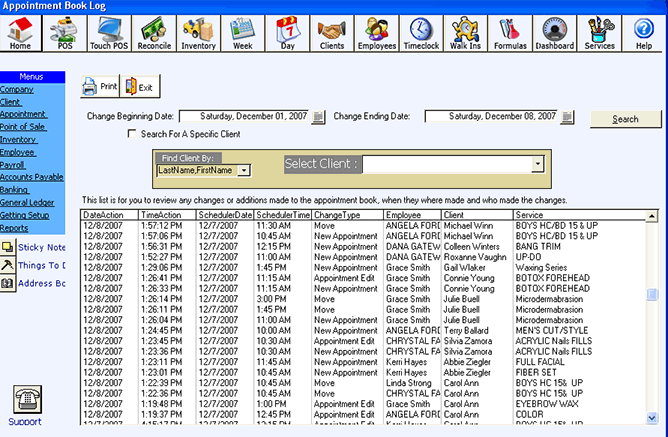 appointment book log salon and spa software