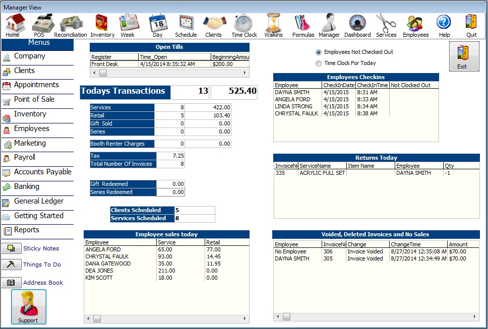 Manager view screen in Advantage Salon Software