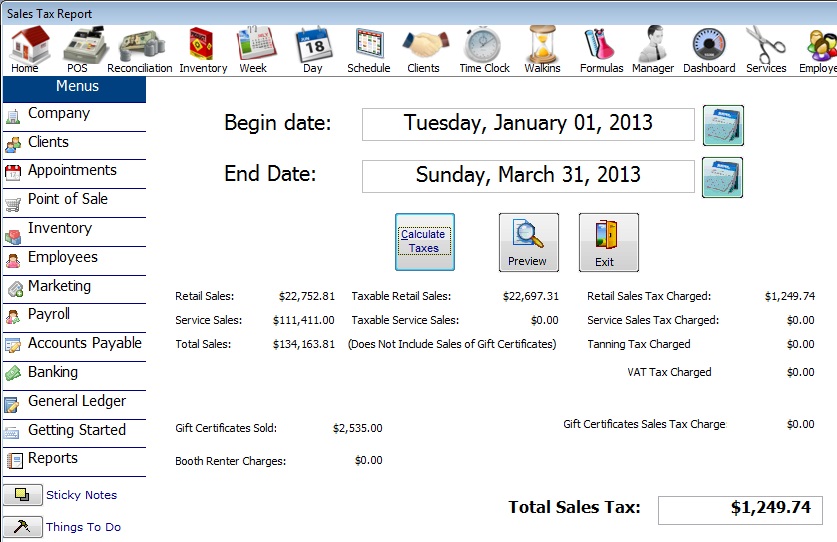 sales tax report in salon and spa software